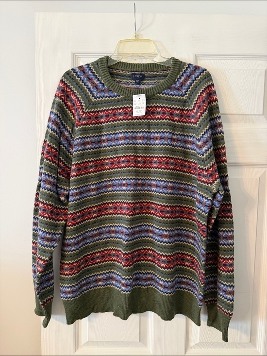 J. Crew Other - J. Crew Olive Fair Isle Crewneck Sweater with Red and Blue Accents beautiful XXL